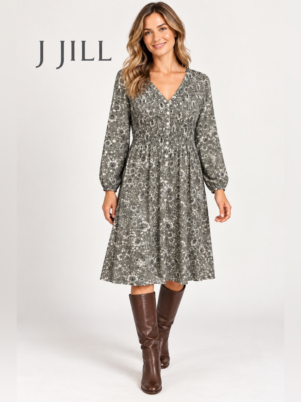 J.Jill Floral Smocked Button Front Midi Dress Size Large